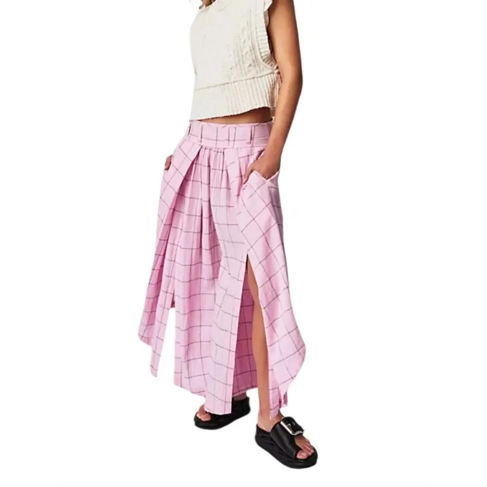 Free People Lunar Cove Women’s Pink Check Flowy Pants with Side Slits Size XS